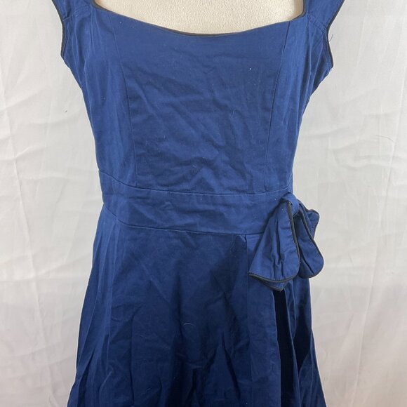 Lindy Bop Fit & Flare Dress US L Navy Blue Black Trim Pleated Sleeveless Bow - Picture 4 of 13